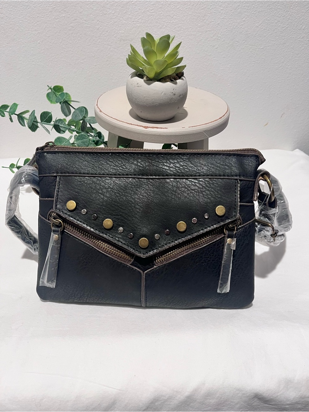 Faux Black Leather Studded Crossbody Bag Purse